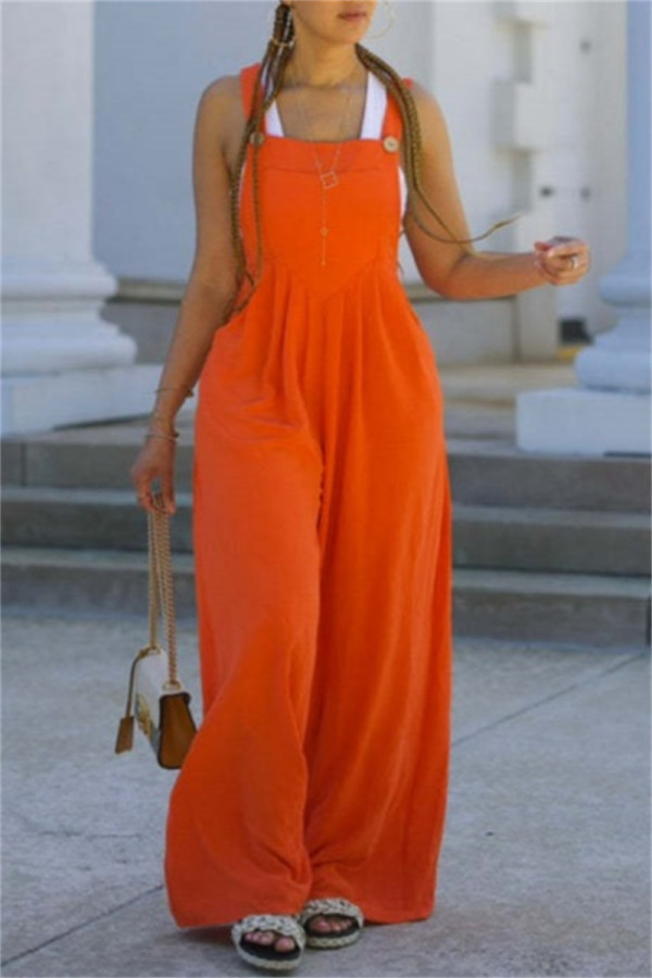 Orange Casual Solid Color Pocket Spaghetti Strap Regular Jumpsuits
