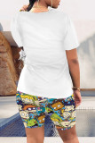 Blue Casual Daily Cartoon Print O Neck Short Sleeve Two Pieces