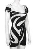 Black Sexy Stripe Hollow Out Patchwork U Neck Skinny Rompers