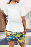 Blue Casual Daily Cartoon Print O Neck Short Sleeve Two Pieces