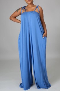 Blue Casual Solid Color Lace Up Backless Spaghetti Strap Loose Jumpsuits