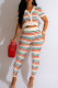 Colour Casual Rainbow Stripe Buckle Patchwork V Neck Short Sleeve Two Pieces