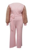 Pink Casual Patchwork Contrast V Neck Regular Jumpsuits