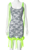 Grey Street Lace See-Through Strap Design Bow Decor Patchwork Contrast Spaghetti Strap Wrapped Skirt Dresses