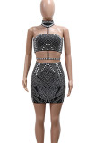 Black Casual Hollow Out Hot Drill Patchwork Half A Turtleneck Wrapped Skirt Dresses