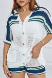 White Casual Patchwork Hollow Out See-Through Contrast Turndown Collar Long Sleeve Two Pieces