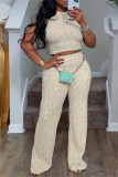 Apricot Casual Print Basic O Neck Sleeveless Two Pieces