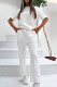 White Casual Letters Pocket Patchwork O Neck Short Sleeve Two Pieces