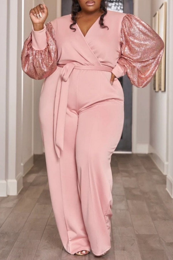 Pink Casual Patchwork Contrast V Neck Regular Jumpsuits