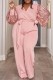 Pink Casual Patchwork Contrast V Neck Regular Jumpsuits