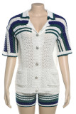 White Casual Patchwork Hollow Out See-Through Contrast Turndown Collar Long Sleeve Two Pieces