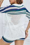 White Casual Patchwork Hollow Out See-Through Contrast Turndown Collar Long Sleeve Two Pieces