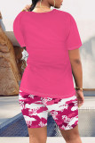 Black Casual Letter Print Contrast O Neck Short Sleeve Two Pieces