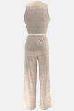 Apricot Casual Print Basic O Neck Sleeveless Two Pieces