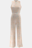 Apricot Casual Print Basic O Neck Sleeveless Two Pieces