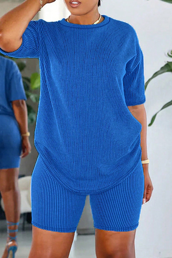 Blue Casual Patchwork O Neck Short Sleeve Two Pieces