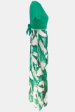 Green Casual Print Lace Up V Neck Short Sleeve Two Pieces