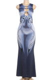 Grey Street Print Hollow Out Patchwork O Neck Long Dresses