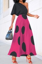 Black Pink Casual Polka Dot Print Patchwork Oblique Collar Dresses
