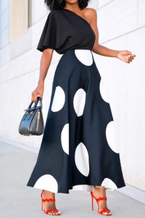 Black Casual Polka Dot Print Patchwork Oblique Collar Dresses
