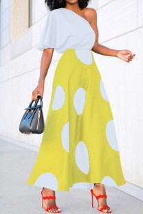 Yellow Casual Polka Dot Print Patchwork Oblique Collar Dresses