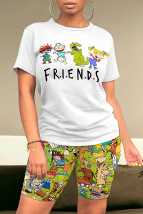 Fluorescent Green Casual Daily Cartoon Print O Neck Short Sleeve Two Pieces