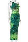 Green Celebrities Print Backless Patchwork Oblique Collar Long Dresses