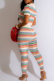 Colour Casual Rainbow Stripe Buckle Patchwork V Neck Short Sleeve Two Pieces