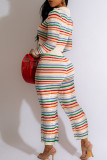 Colour Casual Rainbow Stripe Buckle Patchwork V Neck Long Sleeve Two Pieces