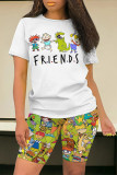 Blue Casual Daily Cartoon Print O Neck Short Sleeve Two Pieces
