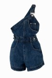 Blue Casual Pocket Backless Irregular Spaghetti Strap Sleeveless High Waist Denim Romper