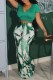 Green Casual Print Lace Up V Neck Short Sleeve Two Pieces