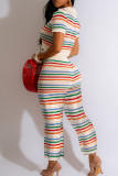 Colour Casual Rainbow Stripe Buckle Patchwork V Neck Short Sleeve Two Pieces