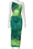 Green Celebrities Print Backless Patchwork Oblique Collar Long Dresses