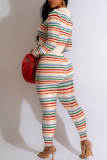 Colour Casual Rainbow Stripe Buckle Patchwork V Neck Long Sleeve Two Pieces