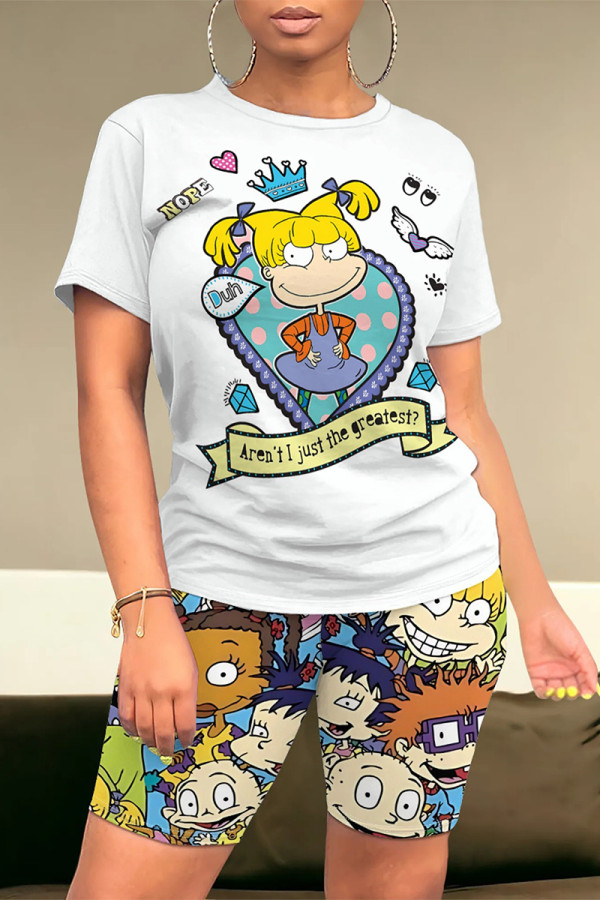 White Blue Casual Daily Cartoon Print O Neck Short Sleeve Two Pieces