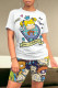 White Blue Casual Daily Cartoon Print O Neck Short Sleeve Two Pieces