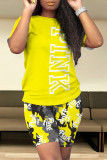 Black Casual Letter Print Contrast O Neck Short Sleeve Two Pieces