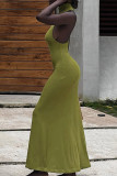 Green Celebrities Solid Color Patchwork Half A Turtleneck Long Dresses