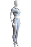Grey Casual Solid Color Patchwork Deep V Neck Short Sleeve Two Pieces