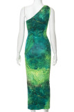 Green Celebrities Print Backless Patchwork Oblique Collar Long Dresses