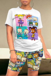 Blue Casual Daily Cartoon Print O Neck Short Sleeve Two Pieces