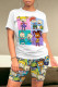 Blue Casual Daily Cartoon Print O Neck Short Sleeve Two Pieces