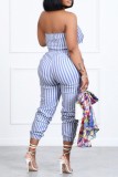 Blue Sexy Casual Striped Print Pocket Backless Strapless Bodycon Jumpsuits