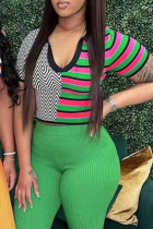 Green Casual Stripe Patchwork V Neck T-Shirts