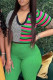 Green Casual Stripe Patchwork V Neck T-Shirts