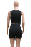 Black Casual Solid Color Fringed Trim Patchwork O Neck Sleeveless Two Pieces