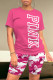 Rose Red Casual Letter Print Contrast O Neck Short Sleeve Two Pieces