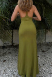 Green Celebrities Solid Color Patchwork Half A Turtleneck Long Dresses