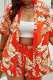 Red Casual Print Strap Design Patchwork Cardigan Collar Short Sleeve Two Pieces